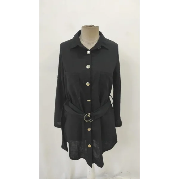 Kadın Uzun Kollu Yakalı önden Düğmeli Beli Kuşaklı Mini Ithal Keten Elbise