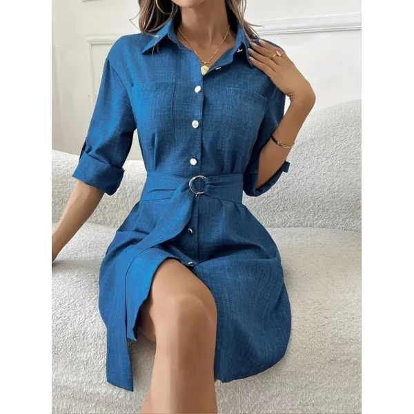 Kadın Uzun Kollu Yakalı önden Düğmeli Beli Kuşaklı Mini Ithal Keten Elbise