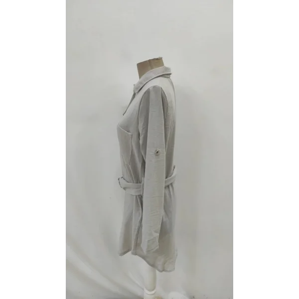 Kadın Uzun Kollu Yakalı önden Düğmeli Beli Kuşaklı Mini Ithal Keten Elbise