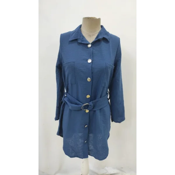 Kadın Uzun Kollu Yakalı önden Düğmeli Beli Kuşaklı Mini Ithal Keten Elbise