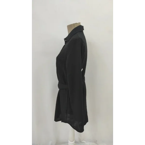 Kadın Uzun Kollu Yakalı önden Düğmeli Beli Kuşaklı Mini Ithal Keten Elbise