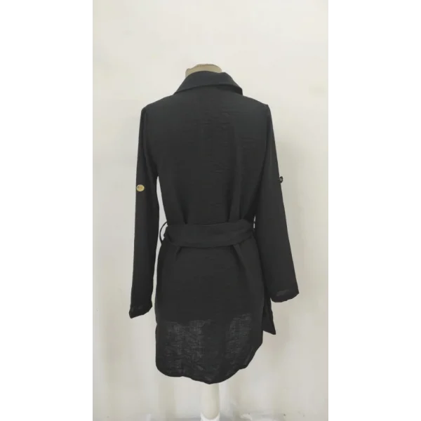 Kadın Uzun Kollu Yakalı önden Düğmeli Beli Kuşaklı Mini Ithal Keten Elbise