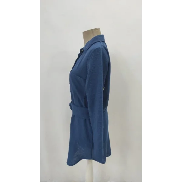 Kadın Uzun Kollu Yakalı önden Düğmeli Beli Kuşaklı Mini Ithal Keten Elbise