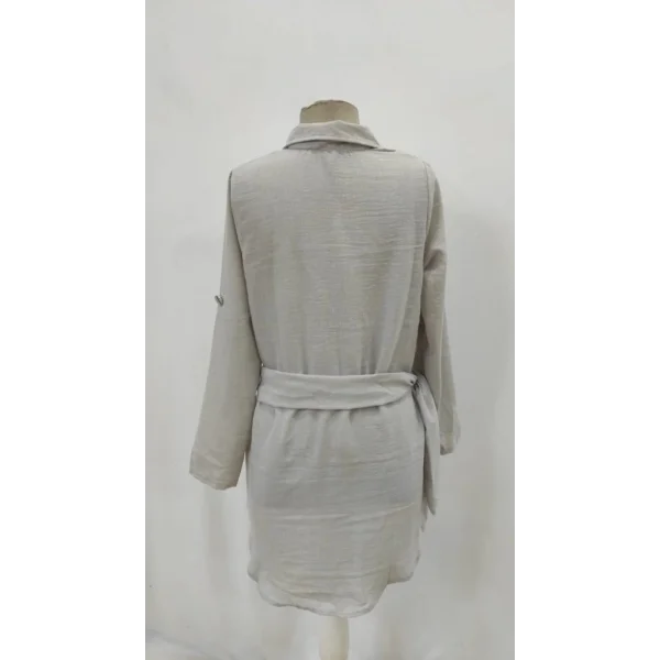 Kadın Uzun Kollu Yakalı önden Düğmeli Beli Kuşaklı Mini Ithal Keten Elbise