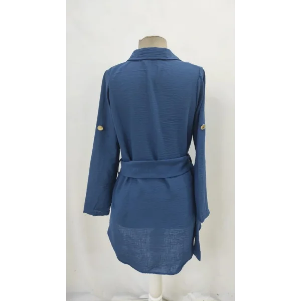 Kadın Uzun Kollu Yakalı önden Düğmeli Beli Kuşaklı Mini Ithal Keten Elbise