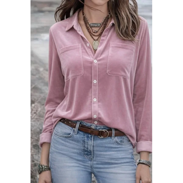 Kadın Uzun Kollu Yakalı önden Düğmeli Cep Detaylı Kadife Gömlek