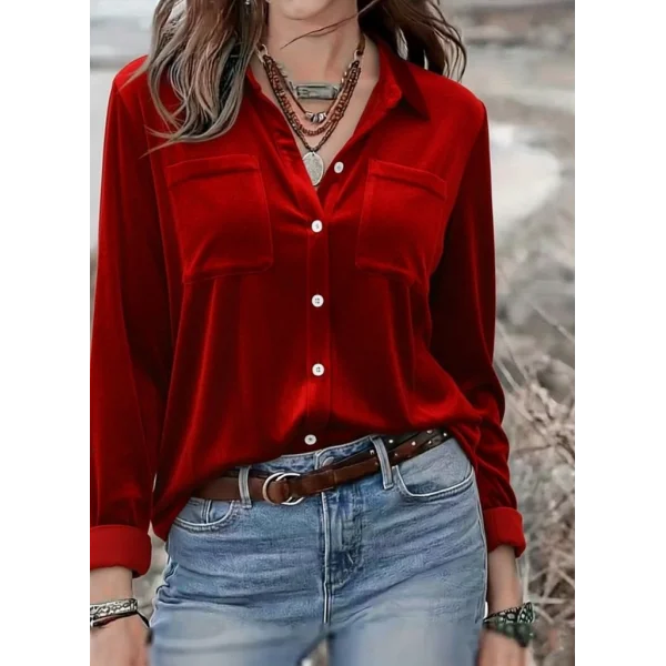Kadın Uzun Kollu Yakalı önden Düğmeli Cep Detaylı Kadife Gömlek