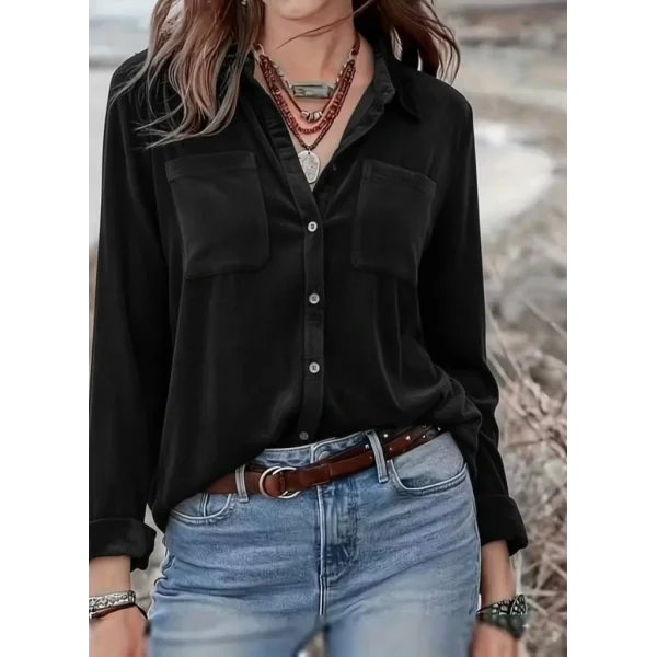 Kadın Uzun Kollu Yakalı önden Düğmeli Cep Detaylı Kadife Gömlek