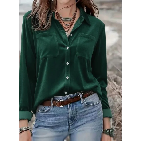 Kadın Uzun Kollu Yakalı önden Düğmeli Cep Detaylı Kadife Gömlek