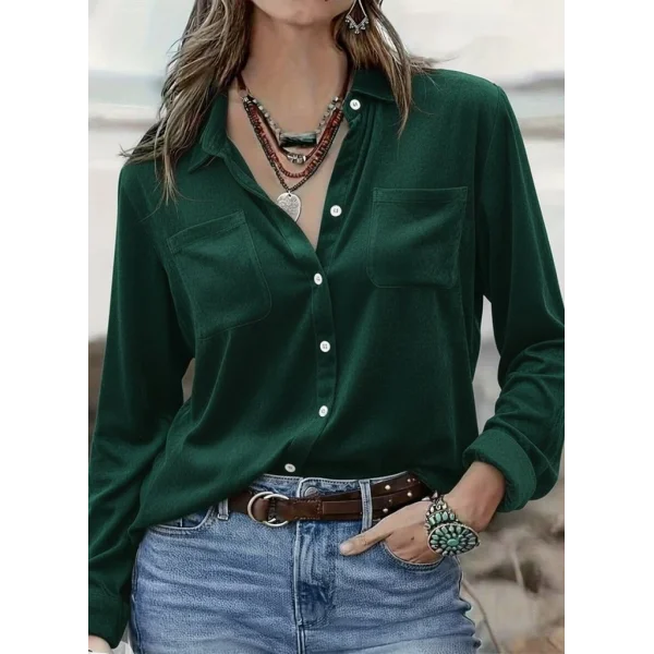 Kadın Uzun Kollu Yakalı önden Düğmeli Cep Detaylı Kadife Gömlek