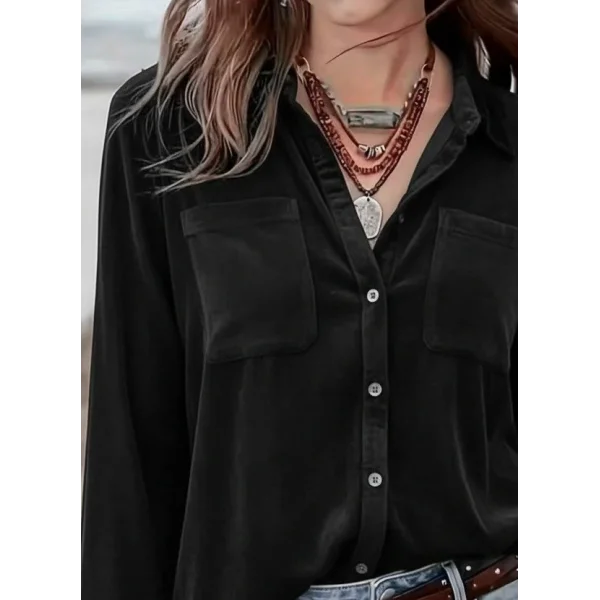 Kadın Uzun Kollu Yakalı önden Düğmeli Cep Detaylı Kadife Gömlek