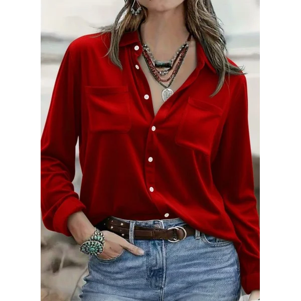 Kadın Uzun Kollu Yakalı önden Düğmeli Cep Detaylı Kadife Gömlek