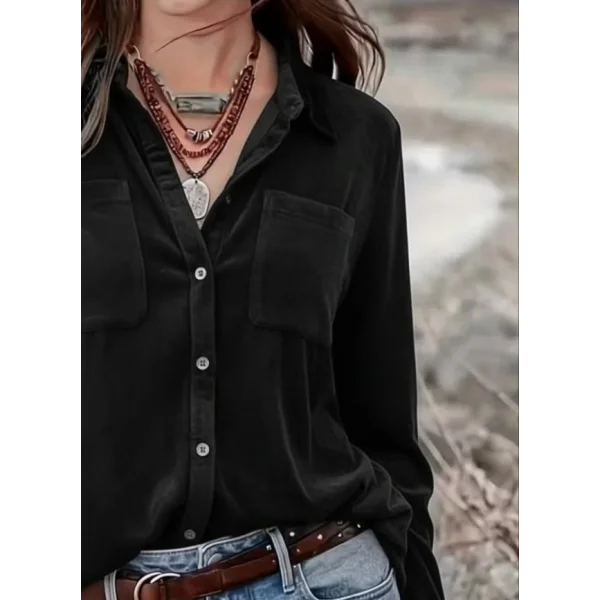 Kadın Uzun Kollu Yakalı önden Düğmeli Cep Detaylı Kadife Gömlek