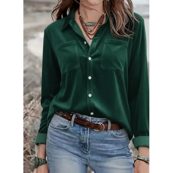 Kadın Uzun Kollu Yakalı önden Düğmeli Cep Detaylı Kadife Gömlek