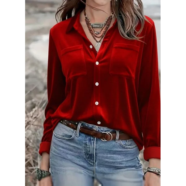 Kadın Uzun Kollu Yakalı önden Düğmeli Cep Detaylı Kadife Gömlek