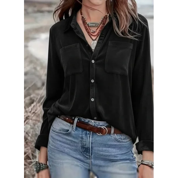 Kadın Uzun Kollu Yakalı önden Düğmeli Cep Detaylı Kadife Gömlek