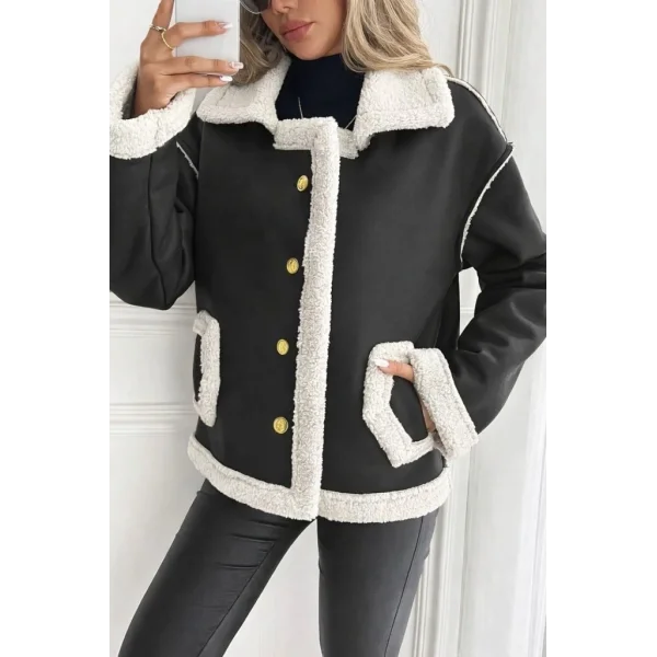 Kadın Uzun Kollu Yakalı önden Düğmeli Cep Detaylı Süet Ceket