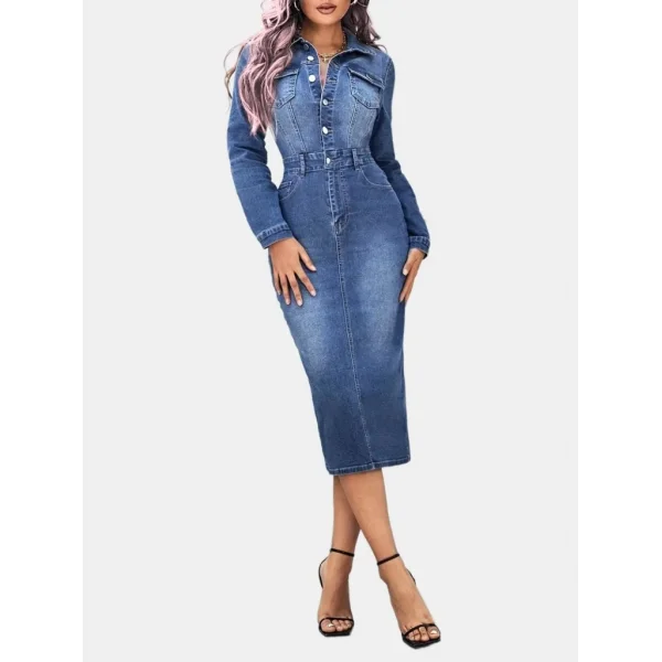 Kadın Uzun Kollu Yakalı önden Düğmeli Cepli Kot Midi Elbise