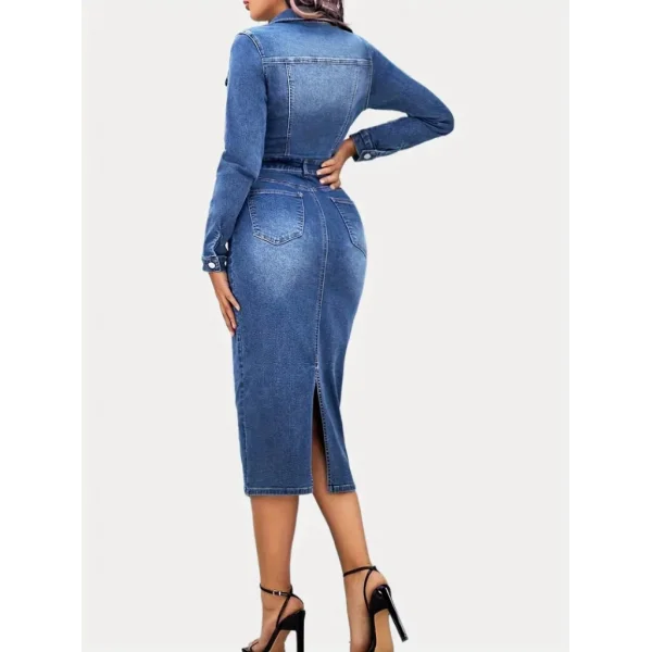 Kadın Uzun Kollu Yakalı önden Düğmeli Cepli Kot Midi Elbise