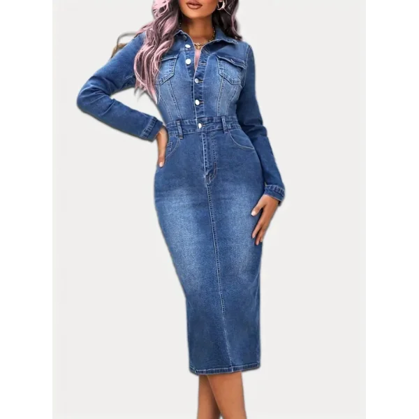 Kadın Uzun Kollu Yakalı önden Düğmeli Cepli Kot Midi Elbise