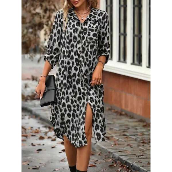 Kadın Uzun Kollu Yakalı önden Düğmeli Leopar Desenli Modal Midi Elbise