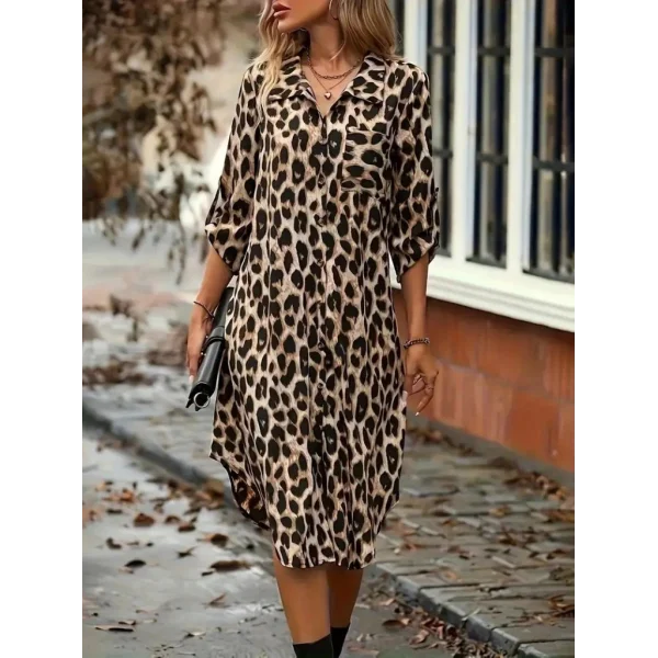Kadın Uzun Kollu Yakalı önden Düğmeli Leopar Desenli Modal Midi Elbise