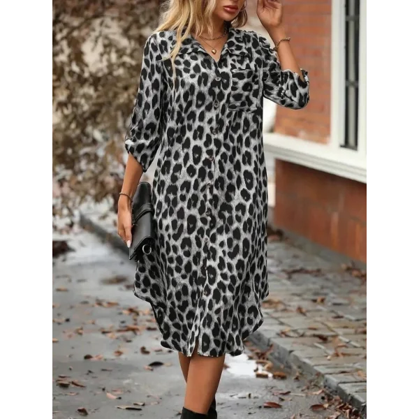 Kadın Uzun Kollu Yakalı önden Düğmeli Leopar Desenli Modal Midi Elbise