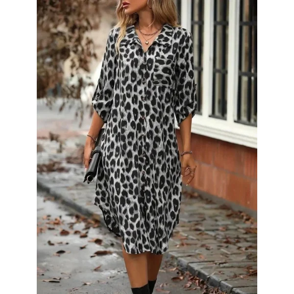 Kadın Uzun Kollu Yakalı önden Düğmeli Leopar Desenli Modal Midi Elbise