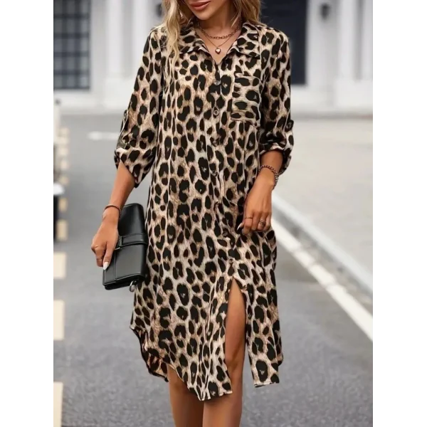 Kadın Uzun Kollu Yakalı önden Düğmeli Leopar Desenli Modal Midi Elbise