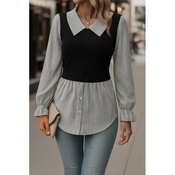 Kadın Uzun Kollu Yakalı önden Düğmeli Ottoman Bluz