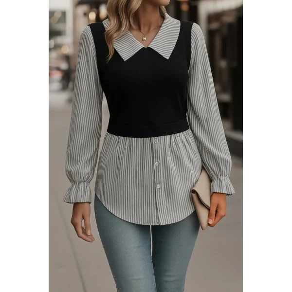 Kadın Uzun Kollu Yakalı önden Düğmeli Ottoman Bluz