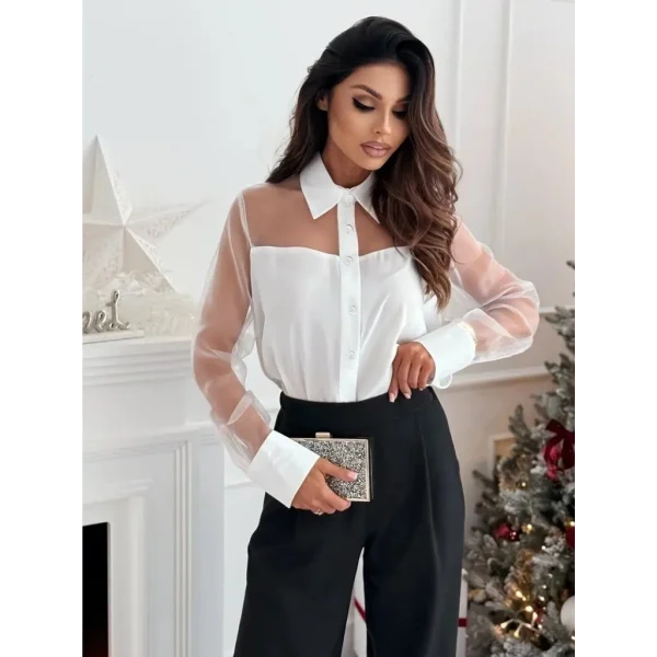 Kadın Uzun Kollu Yakalı önden Düğmeli Tül Detaylı Dokuma Viskon Bluz