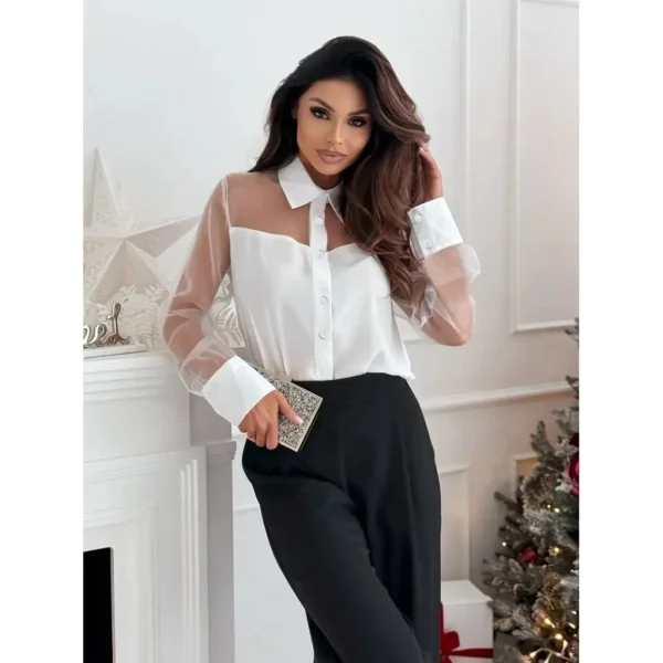 Kadın Uzun Kollu Yakalı önden Düğmeli Tül Detaylı Dokuma Viskon Bluz