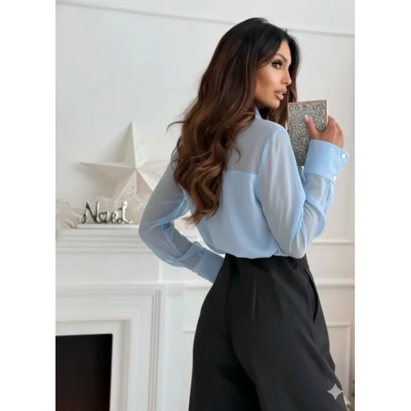 Kadın Uzun Kollu Yakalı önden Düğmeli Tül Detaylı Dokuma Viskon Bluz