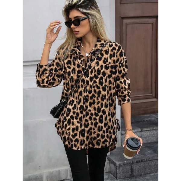 Kadın Uzun Kollu Yakalı önden Düğmeli Yandan Bağcıklı Leopar Desenli Modal Bluz