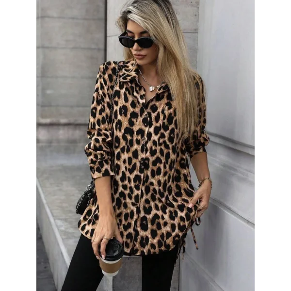 Kadın Uzun Kollu Yakalı önden Düğmeli Yandan Bağcıklı Leopar Desenli Modal Bluz