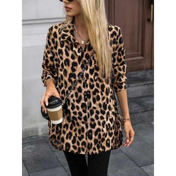 Kadın Uzun Kollu Yakalı önden Düğmeli Yandan Bağcıklı Leopar Desenli Modal Bluz