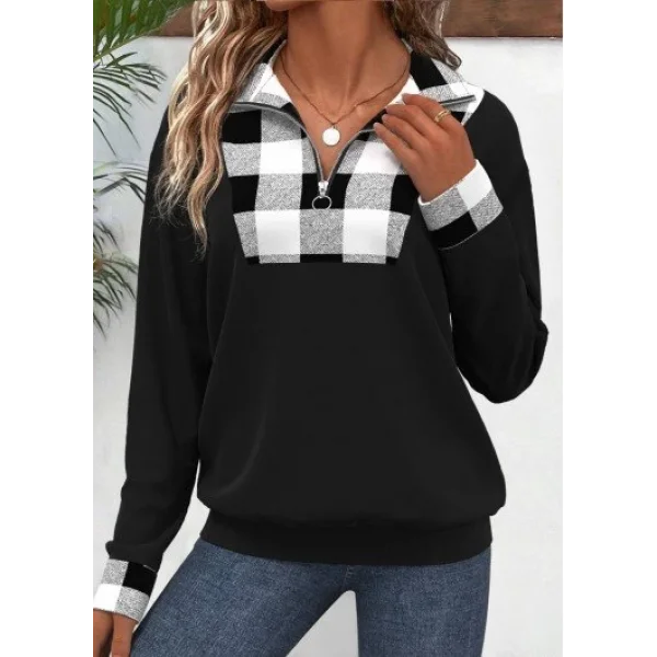 Kadın Uzun Kollu Yakalı önden Fermuarlı Ekose Detaylı Viskon Iki Iplik Bluz