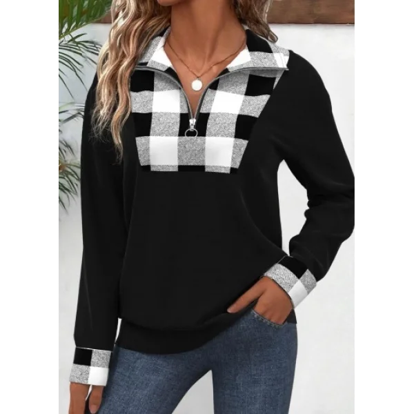 Kadın Uzun Kollu Yakalı önden Fermuarlı Ekose Detaylı Viskon Iki Iplik Bluz