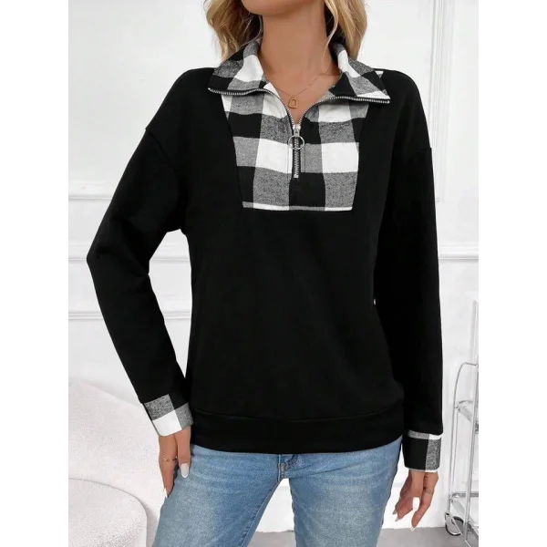 Kadın Uzun Kollu Yakalı önden Fermuarlı Ekose Detaylı Viskon Iki Iplik Bluz
