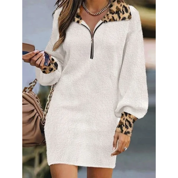 Kadın Uzun Kollu Yakalı önden Fermuarlı Leopar Detaylı Mini Peluş Elbise