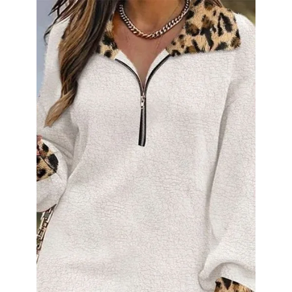 Kadın Uzun Kollu Yakalı önden Fermuarlı Leopar Detaylı Mini Peluş Elbise