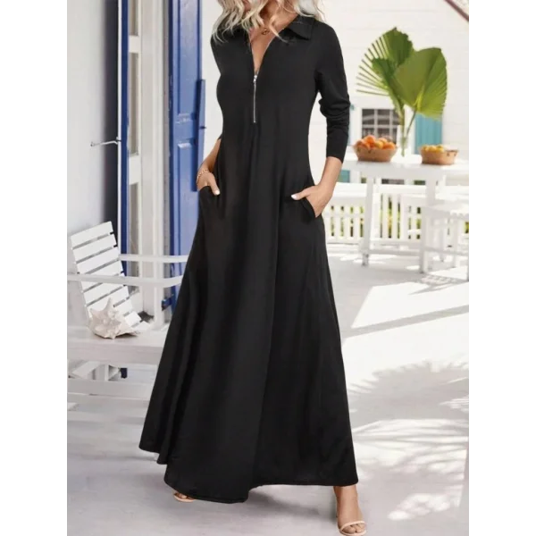 Kadın Uzun Kollu Yakalı önden Fermuarlı Uzun Viskon Iki Iplik Elbise