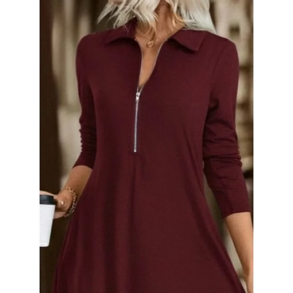 Kadın Uzun Kollu Yakalı önden Fermuarlı Uzun Viskon Iki Iplik Elbise