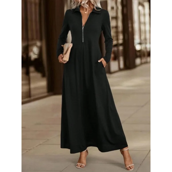 Kadın Uzun Kollu Yakalı önden Fermuarlı Uzun Viskon Iki Iplik Elbise