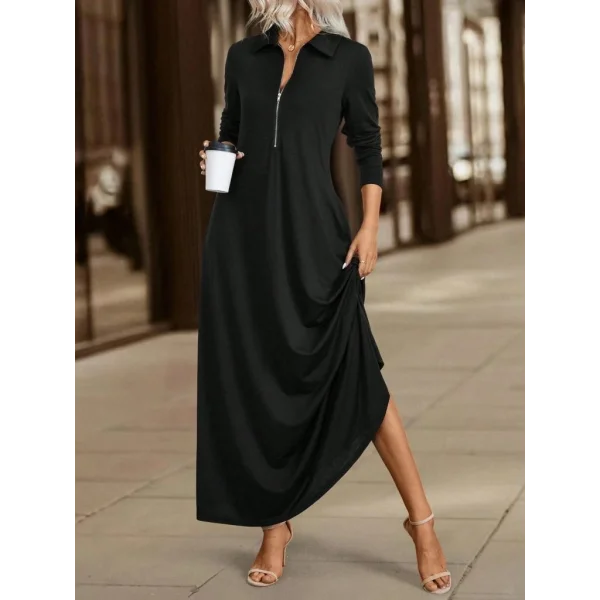 Kadın Uzun Kollu Yakalı önden Fermuarlı Uzun Viskon Iki Iplik Elbise