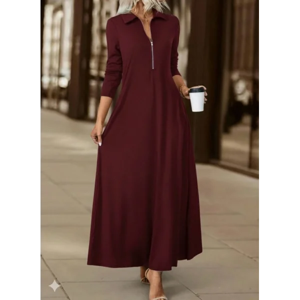 Kadın Uzun Kollu Yakalı önden Fermuarlı Uzun Viskon Iki Iplik Elbise