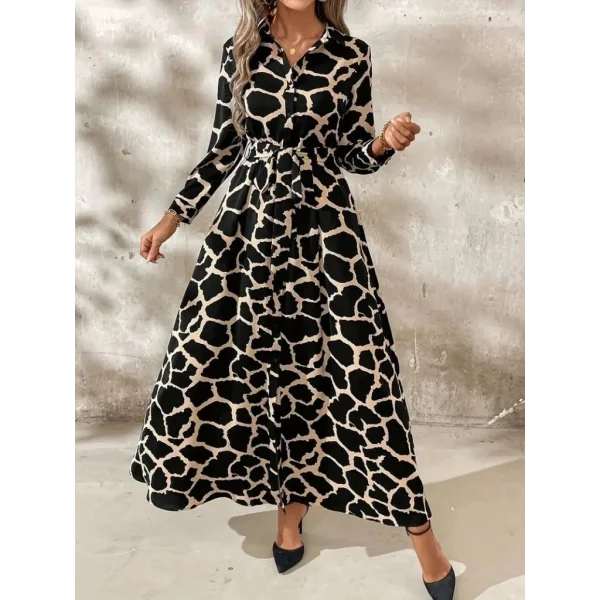 Kadın Uzun Kollu Yakalı önü Düğmeli Desenli Belden Kuşaklı Uzun Süprem Elbise