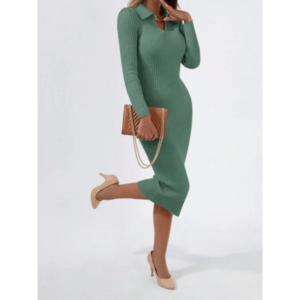 Kadın Uzun Kollu Yakalı Triko Elbise