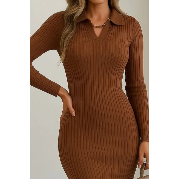 Kadın Uzun Kollu Yakalı Triko Elbise